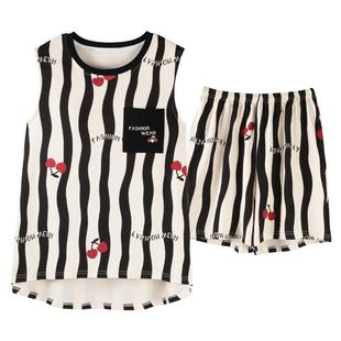 卡之恋带胸垫睡衣女士夏季薄款黑白色条纹背心坎肩短裤樱桃家居服