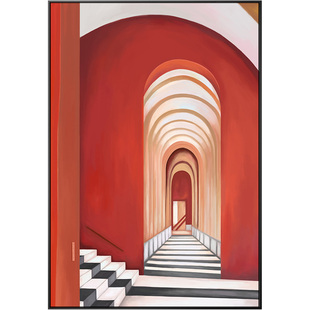建筑门廊装饰画玄关过道挂画轻奢餐厅大气客厅橙色空间延伸感壁画