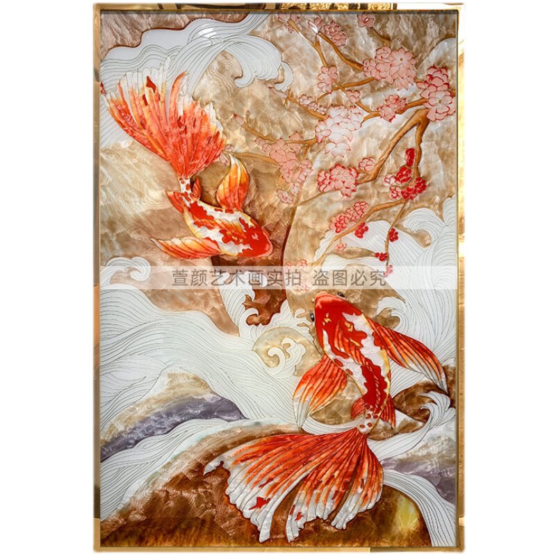 珐琅彩装饰画新中式玄关竖版招财壁画轻奢客厅背景墙挂画大鱼海棠