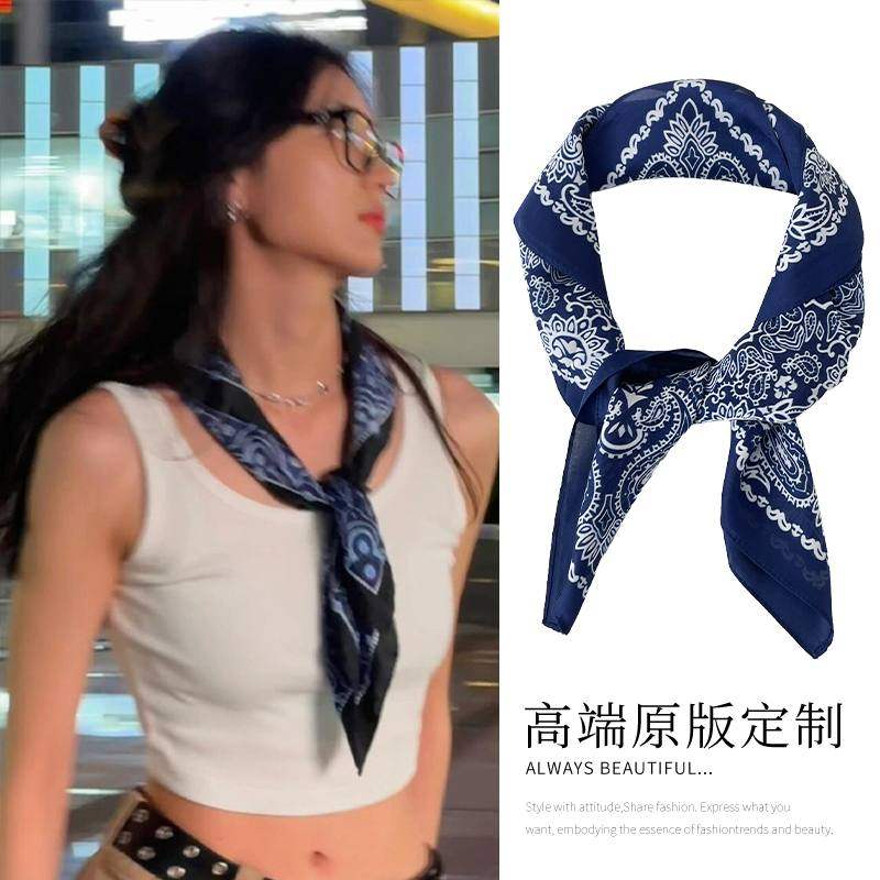 丝巾小方巾女复古藏青色腰果花棉麻护颈领巾 搭配衬衫ins头巾发带