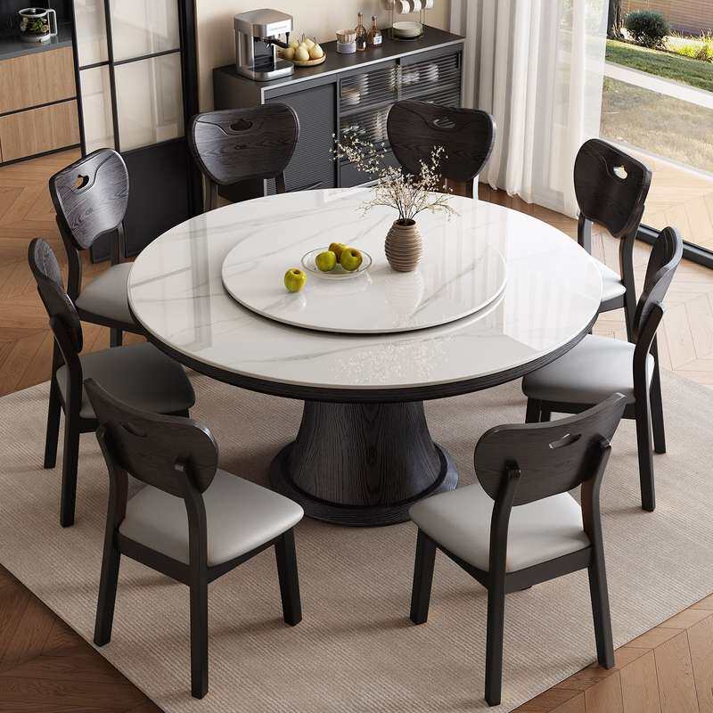 实木岩板餐桌客厅家用餐厅现代奢圆桌桌子轻吃饭带高级简约感转盘