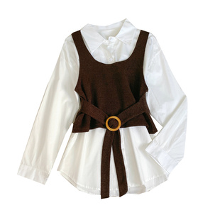 时尚百搭单排扣翻领长袖宽松衬衫上衣+绑带叠穿马甲背心两件套装