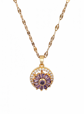 金色太阳花紫色水晶旋转颈链