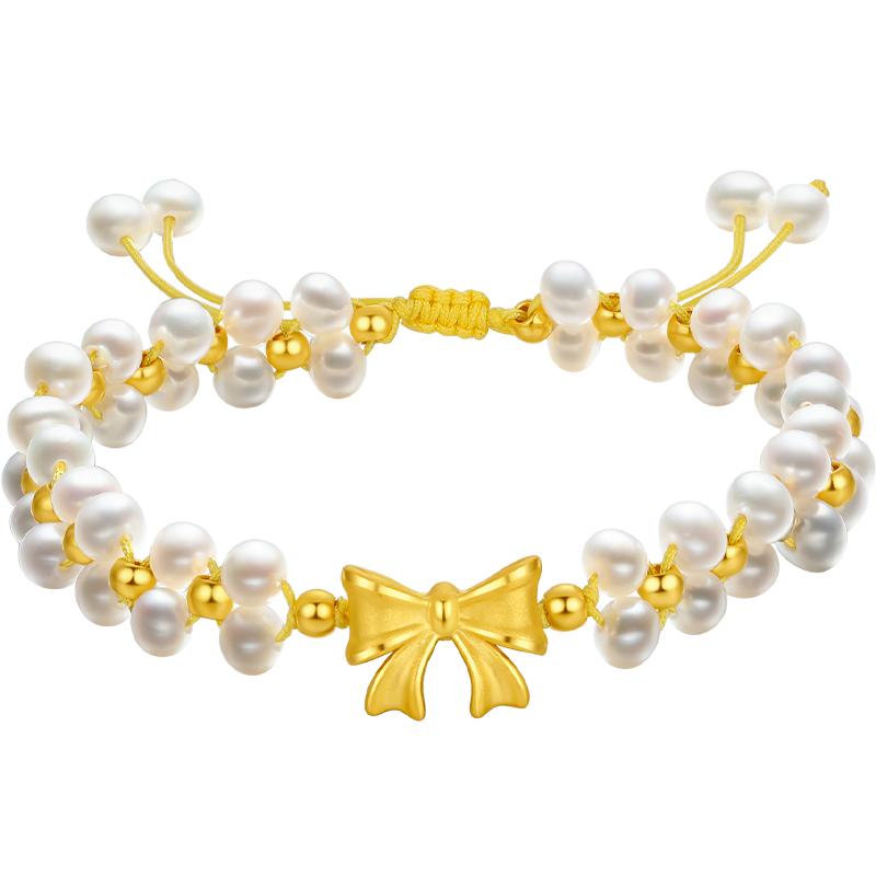 周六福黄金手链女珍珠手串蝴蝶结在逃公主手饰定价送礼物旗舰店