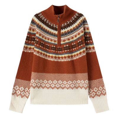 费尔岛立领半开拉链羊毛毛衣