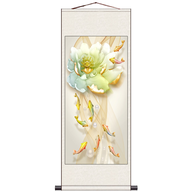 家和九鱼花鸟挂画丝绢卷轴礼品画客厅挂画定制家和万事兴玄关富贵