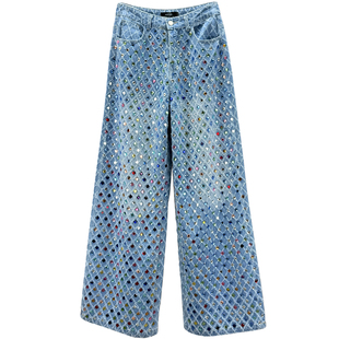 重工镶钻牛仔裤女加长裤2026年春季新款高腰宽松欧货提花阔腿裤潮