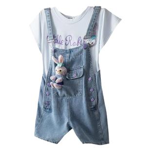 女童牛仔背带裙套装夏季2025新款中大童洋气卡通短袖小女孩连衣裙