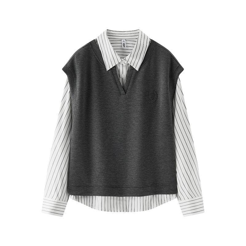 森马V领抽绳背心条纹长袖衬衫女