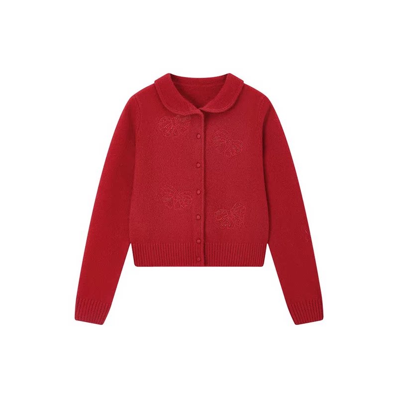 【“红”运添福】中国红娃娃领蝴蝶珠绣羊剪绒毛衣开衫女童亲子