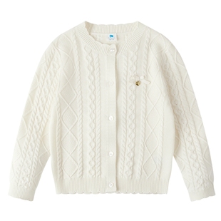 丽婴房2026春季新款女童绞花针织开衫学院风桑蚕丝羊绒混纺毛衣