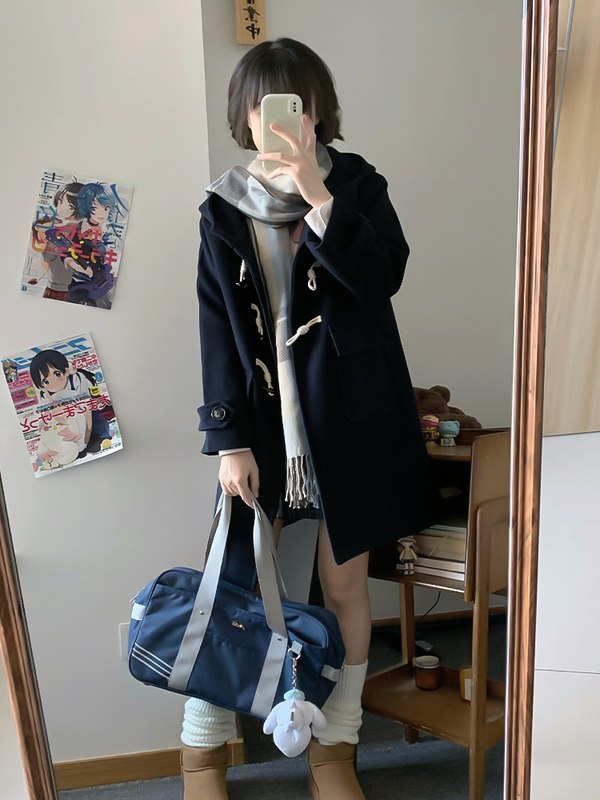 校供感JK制服牛角扣连帽毛呢大衣小个子学院风女秋冬呢子夹棉加厚