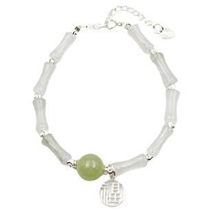 天然和田玉纯银竹节手链女生新款中式转运国风天山翠手串小众轻奢