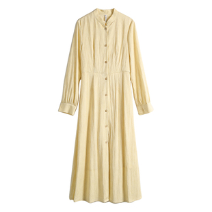 黄色立领长袖衬衫连衣裙女2026年春季新款法式巨好看的春款裙子