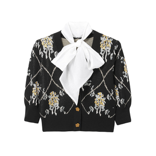 专柜撒柜剪牌女装秋装穿搭针织开衫外套蝴蝶领泡泡袖线开衫 L464