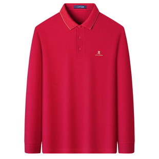 [100%丝光棉]梦特娇男士Polo衫长袖春款翻领婚宴爸爸红色T恤亲肤J