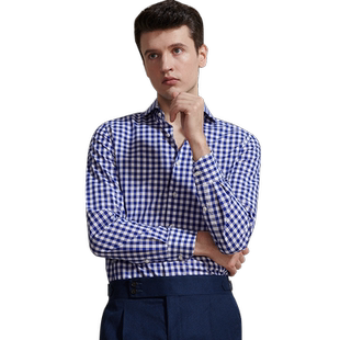 蓝色格纹意式温莎领男衬衫修身易打理全棉时尚潮流小清新格子衬衣