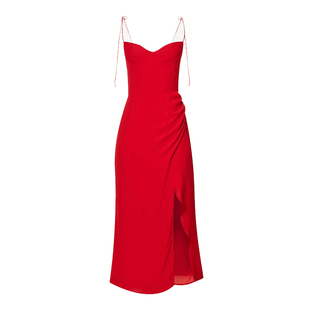 reformation法式碎花红色性感吊带连衣裙子新款v领开叉包臀裙长裙