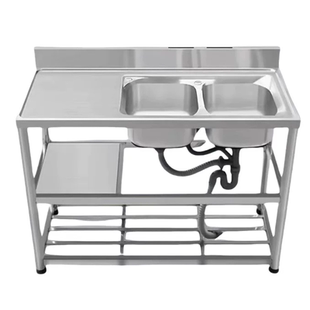 304不锈钢双池水槽厨房台面一体柜带支架家用洗手盆洗菜洗碗水池