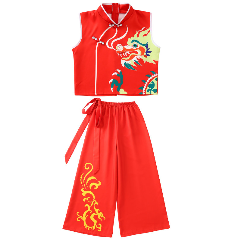 儿童中国龙红色啦啦队演出服