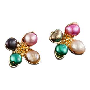 天然巴洛克珍珠耳环小众设计四叶草中古新中式高级感耳钉耳饰女