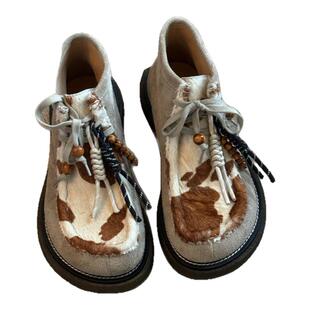 男女高帮奶牛乐福鞋复古方头真皮马毛拼接系带英伦情侣厚底单皮鞋