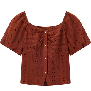 爱居兔气质显白衬衫夏季新款女方领法式氛围感短袖雪纺衫