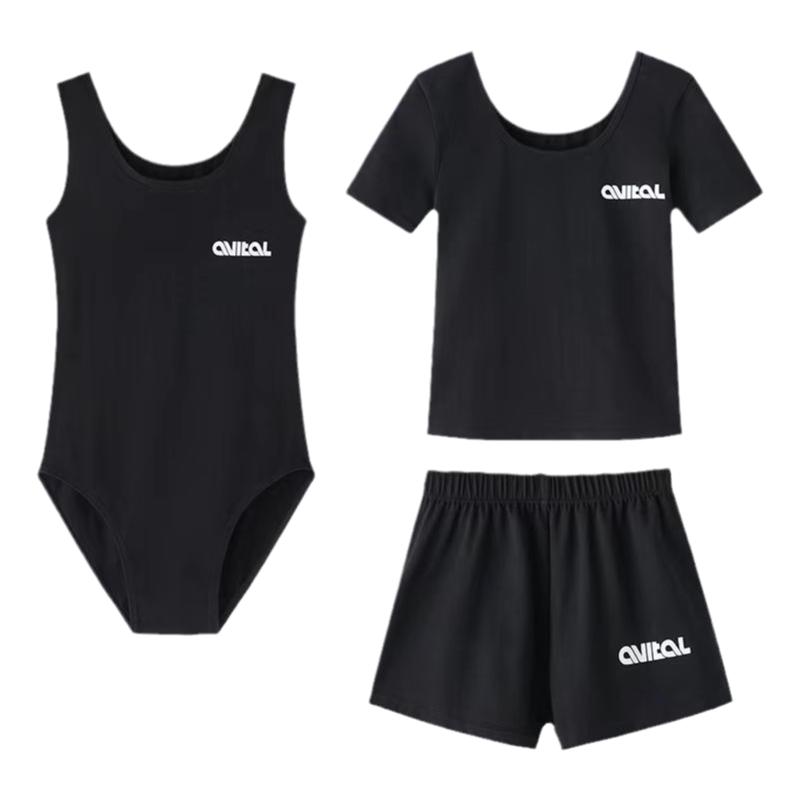 avital艺术体操训练服套装黑色短袖短裤修身连体背心运动服