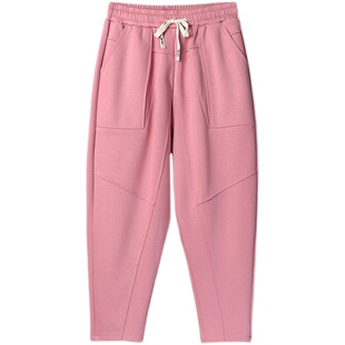 粉色裤子女大码胖mm炸街显瘦潮九分夏高腰梨型身材休闲哈伦萝卜裤