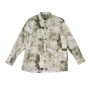 No sense无感官 复古绿色长袖印花衬衫宽松翻领扎染文艺衬衣春秋