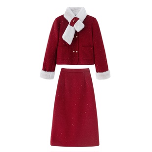 法式小香风喜庆羽绒套装裙女2025冬装新款轻奢高级感半身裙两件套