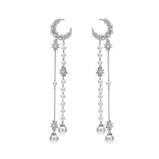 袁莱娜扎同款长吊坠星星流苏满钻月亮耳环S925银针显脸瘦气质耳饰
