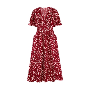 秋水伊人法式浪漫优雅连衣裙夏季新款女海边度假V领收腰碎花裙子