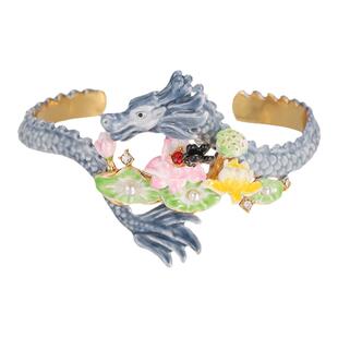 2024新款原创设计国潮珐琅釉青龙珍珠荷花开口手镯女生肖饰品送人