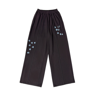 MIICHOUS米丘寺 繁花 自然植物天蓝花朵刺绣花边舒适华夫格休闲裤