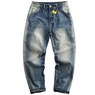 美式休闲重工刷白做旧水洗牛仔裤男宽松直筒复古宽松锥形小脚长裤