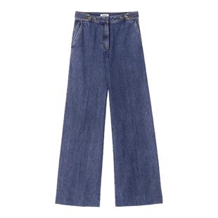 季末6折SANDRO2025秋冬新款女装法式腰扣棉质蓝色宽松阔腿牛仔裤