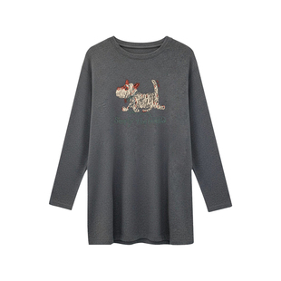 韩版灰色磨毛t恤女款上衣2025新款爆款中长款长袖减龄小狗打底衫