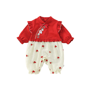 婴幼儿连体衣春秋刺绣哈衣宝宝满月白天周岁礼服花朵荷叶边爬服春