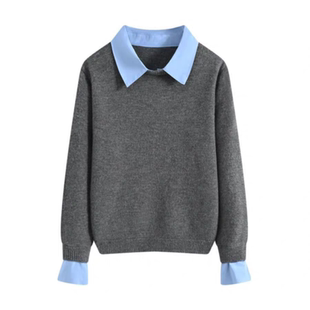 外贸原单女装专柜撤回学院风撞色假两件毛衣女秋冬大码内搭针织衫