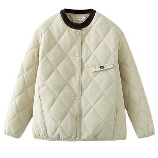 小棉衣胖妹妹大码2025秋冬新款时尚拼色领菱形格羽绒棉棉服外套女