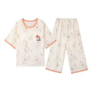 短袖七分裤睡衣女夏胖妹妹特大码200斤可爱卡通宽松家居服可外出