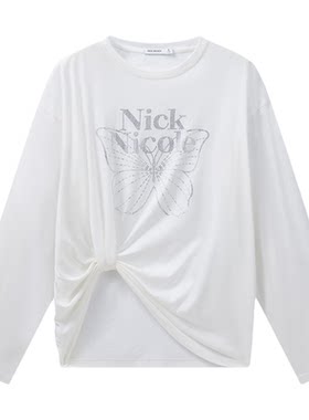 NICK&NICOLE小蝴蝶秋季新款百搭休闲风字母长袖T恤女上衣松弛韩风