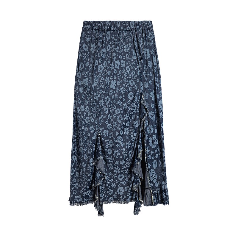 Desigual26春夏新品牛仔手绘雏菊印花高开衩荷叶边半身裙