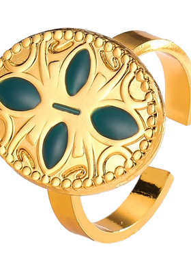 法式祖母绿开口钛钢戒指女百搭时