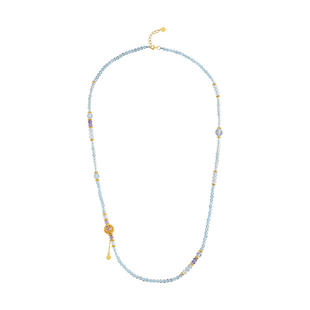 明牌珠宝晶韵系列硬金项链 黄金蓝溪畔镂空金珠水晶毛衣链AFB0434