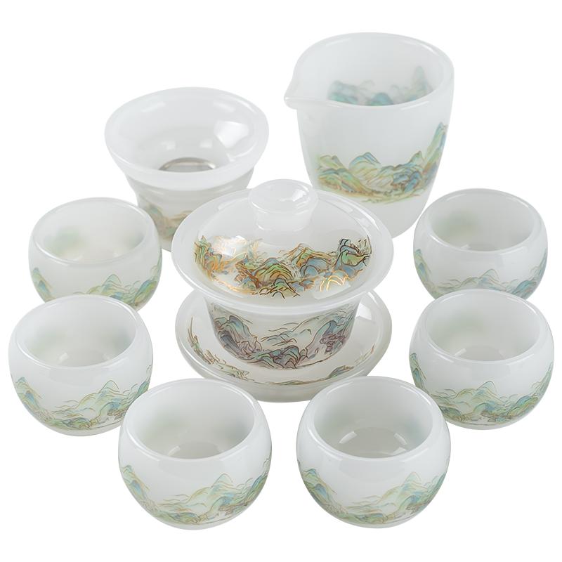 高档白玉瓷琉璃功夫茶具三才盖碗茶杯加厚防烫整套泡茶器陶瓷套装