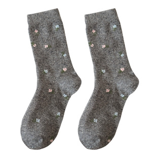 冬季加厚保暖羊毛袜子女灰色复古长袜堆堆袜波点条纹碎花日系中筒