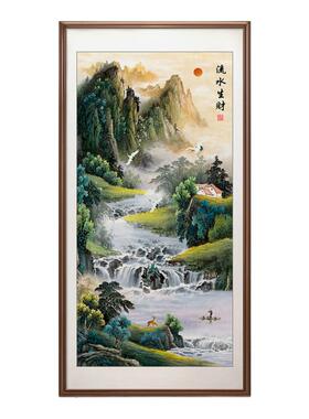 流水生财山水画风景绿色挂画正对大门走廊尽头玄关装饰画竖幅有框