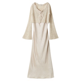 SNIDEL2025秋冬新品羊毛蕾丝领针织开衫缎面连衣裙套装SWNO255089